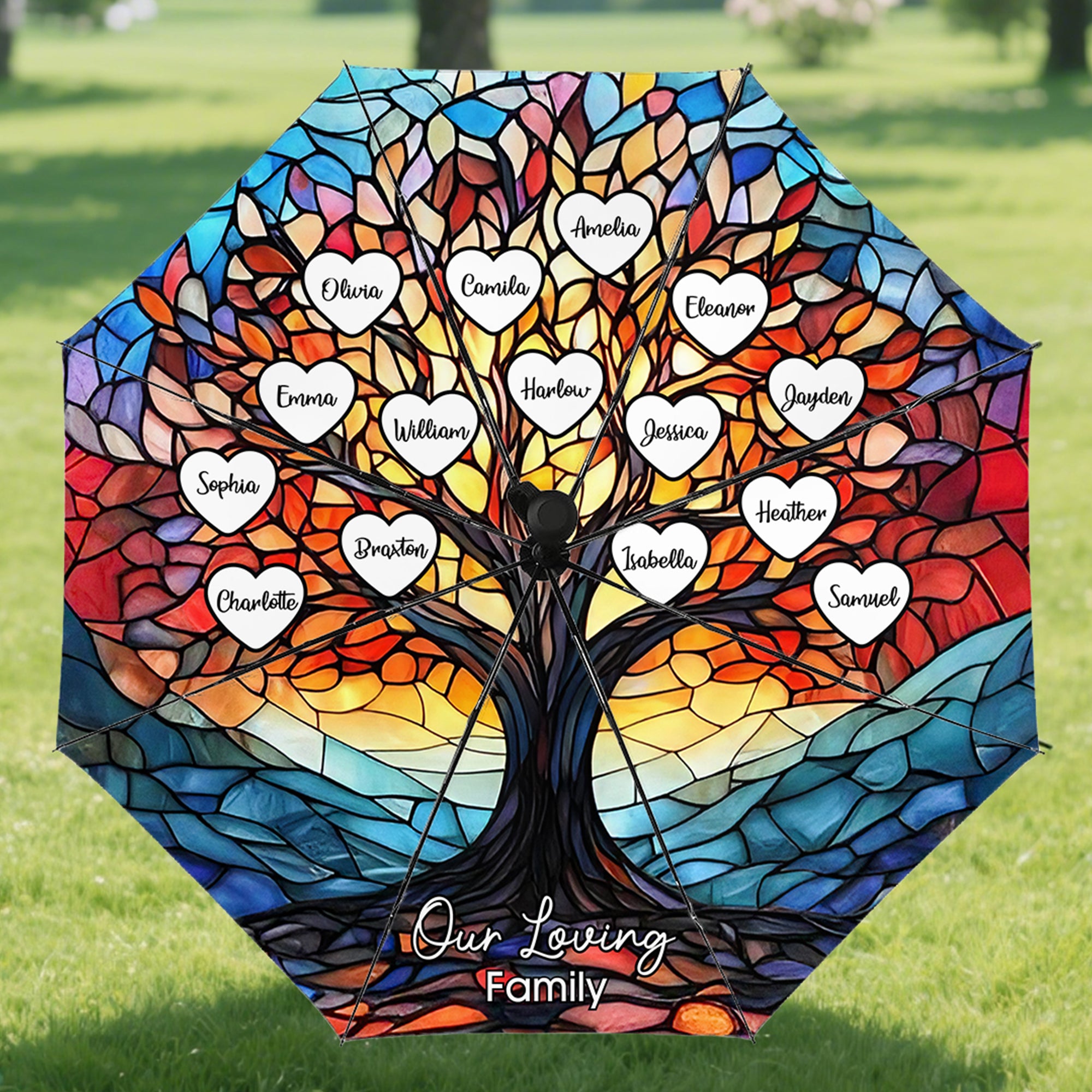 Árbol genealógico personalizado de imitación de vidrieras 2-25 nombres Paraguas tríptico automático Memento Regalo de cumpleaños para la familia