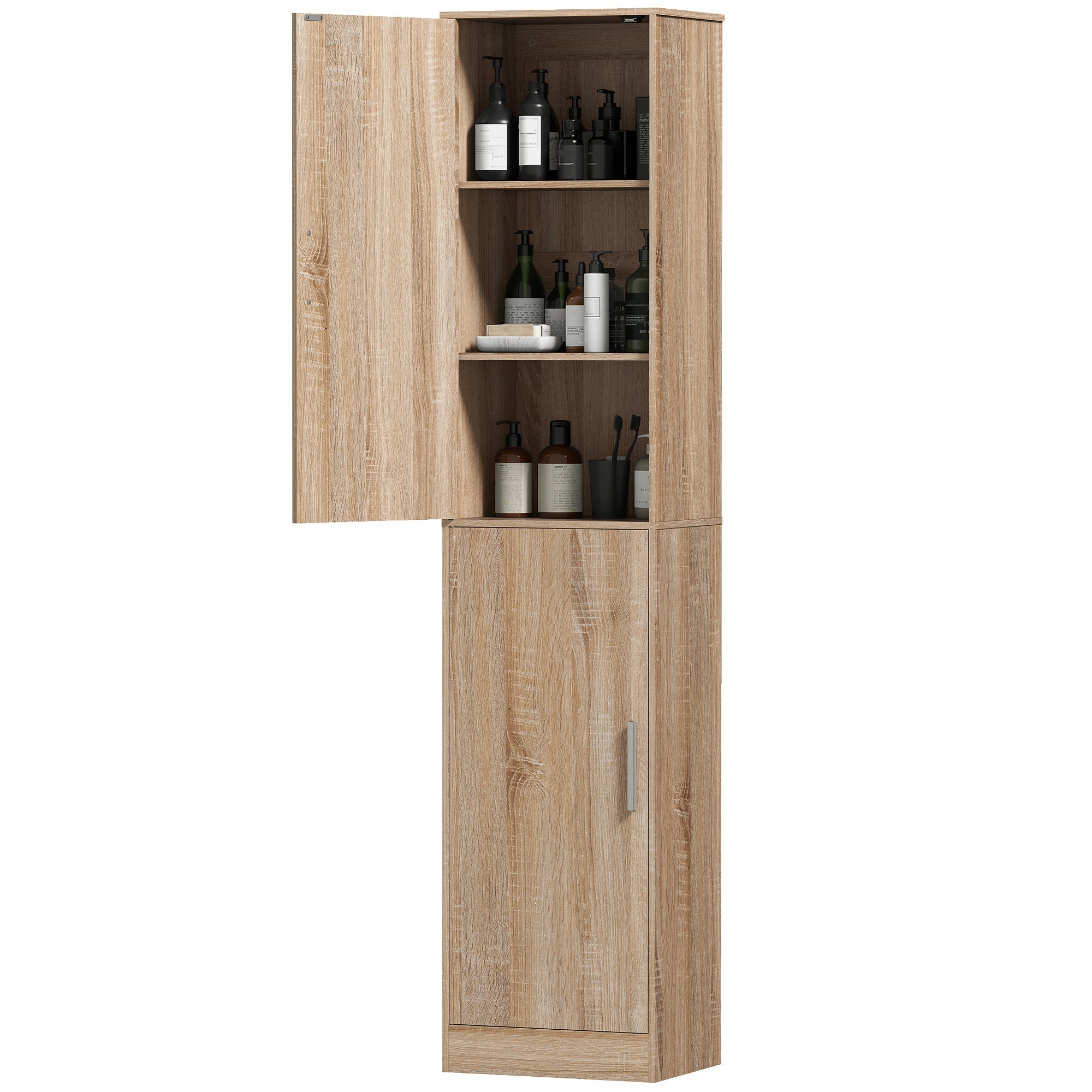 71" Tall Slim 6-Tier Bathroom Floor Cabinet with 2 Doors and 4 Adjustable Shelves, Natural Wood
