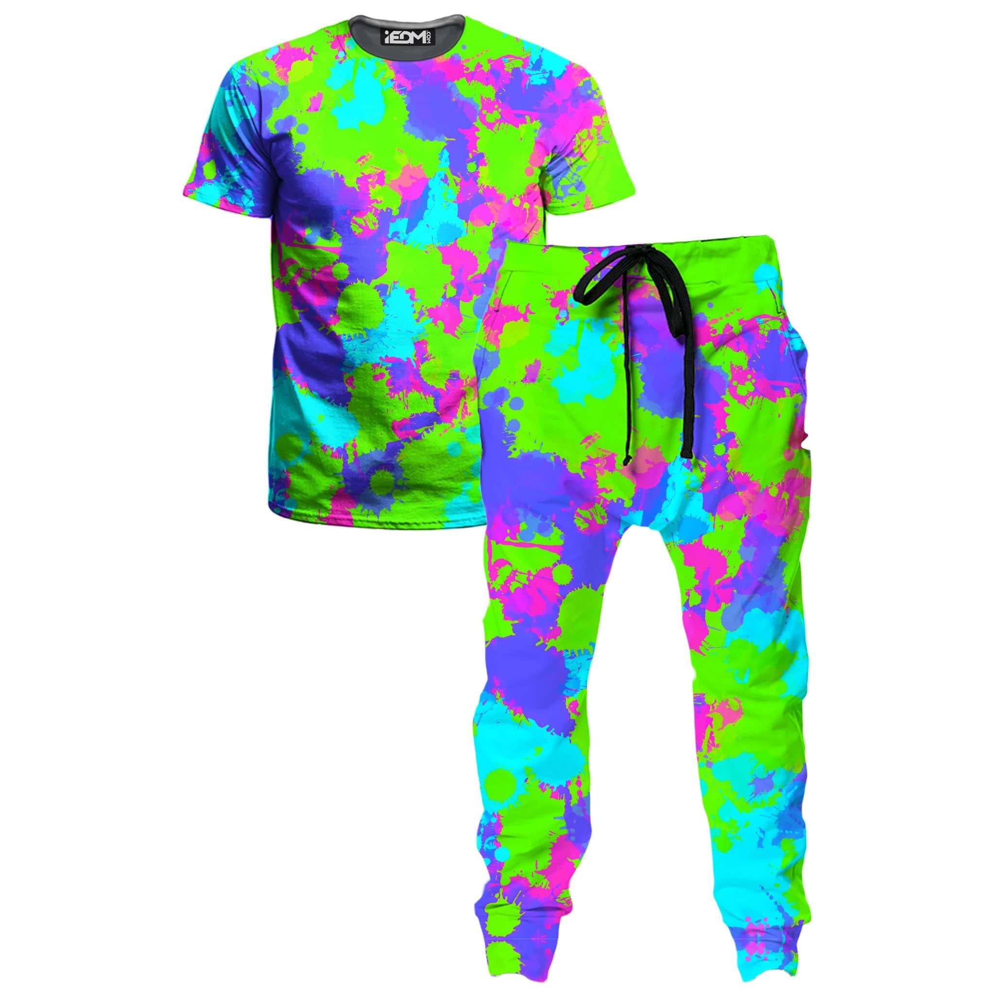 90s Neon Paint Splatter T-Shirt and Joggers Combo
