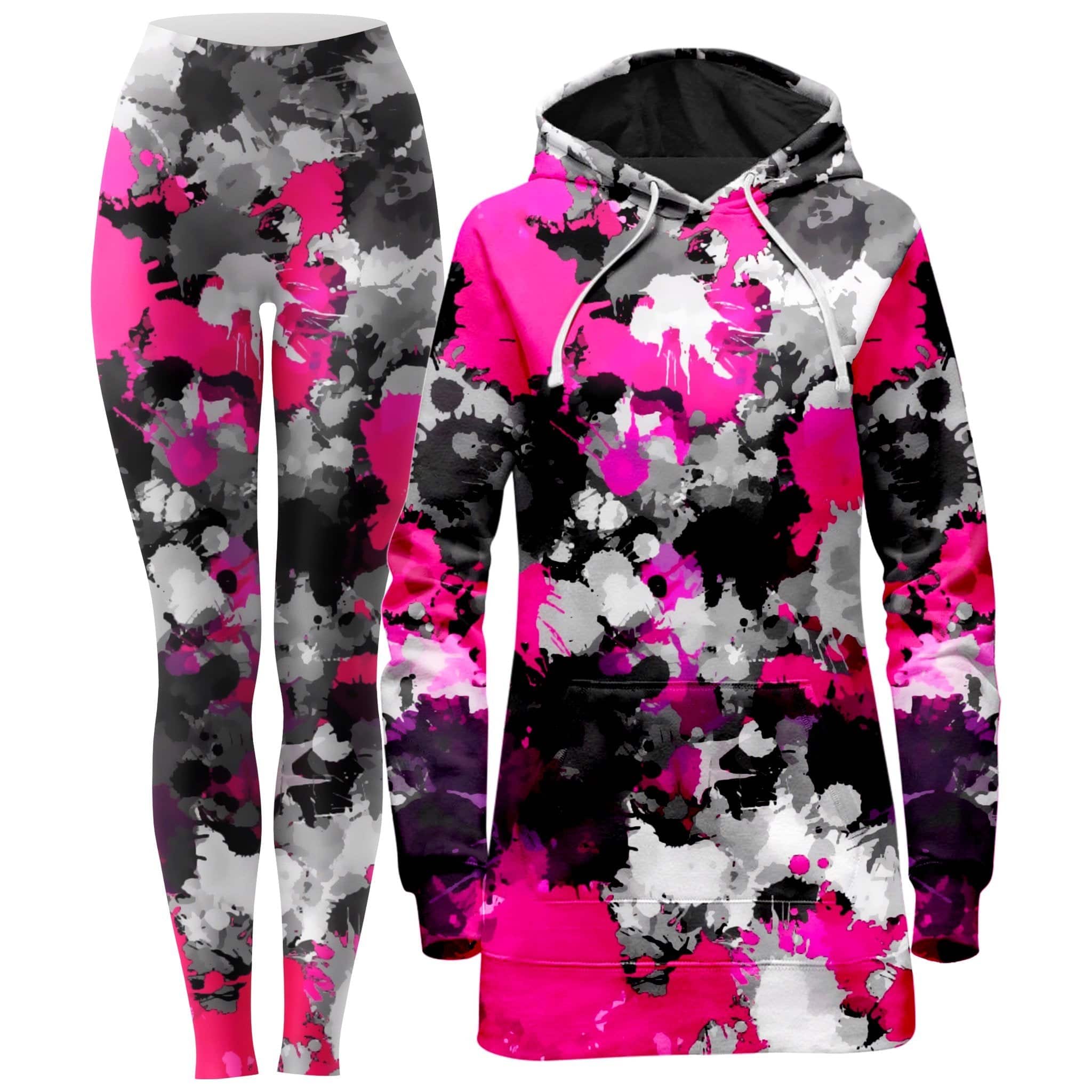 Pink and Grey Paint Splatter Hoodie Dress and Leggings Combo