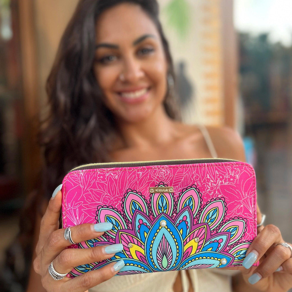 Billetera grande de mujer con doble cremallera Mándala rosa | CHULA Tulum