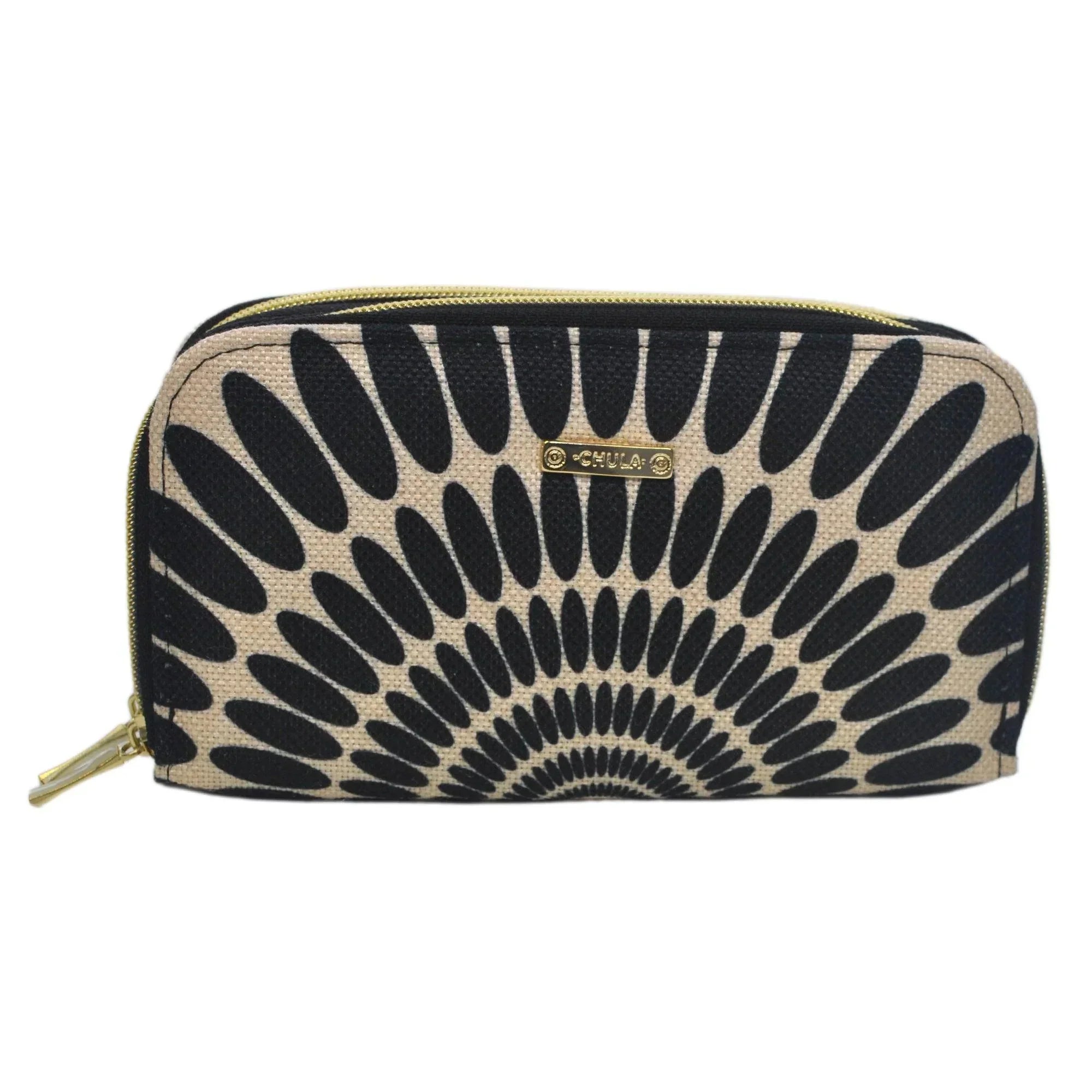 Billetera grande de mujer con doble cremallera Pétalos negros | CHULA Tulum