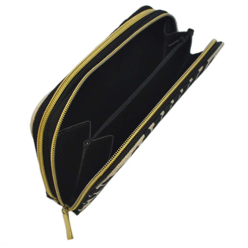 Billetera grande de mujer con doble cremallera Pétalos negros | CHULA Tulum