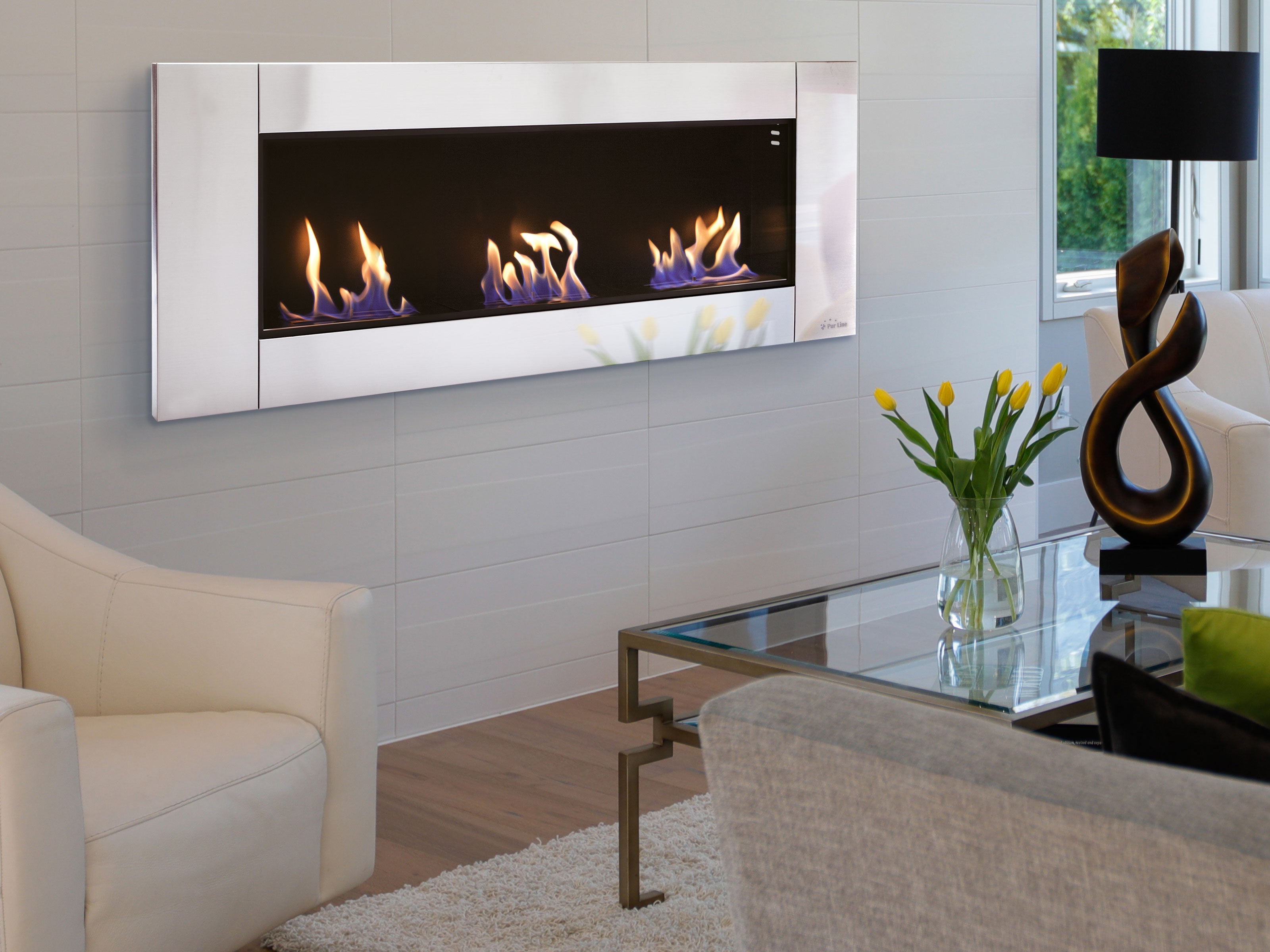 Biochimenea mural Panorámica en acero inoxidable con 3 quemadores