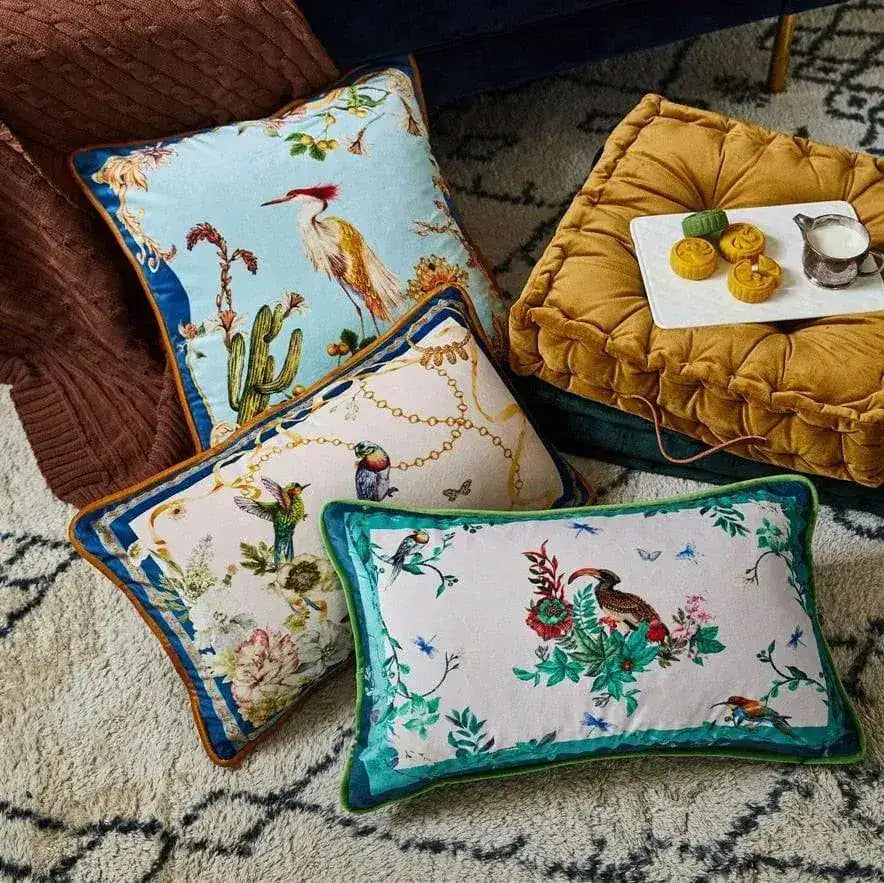 Birds of Floral Paradise Printed Velvet Cushion Cover