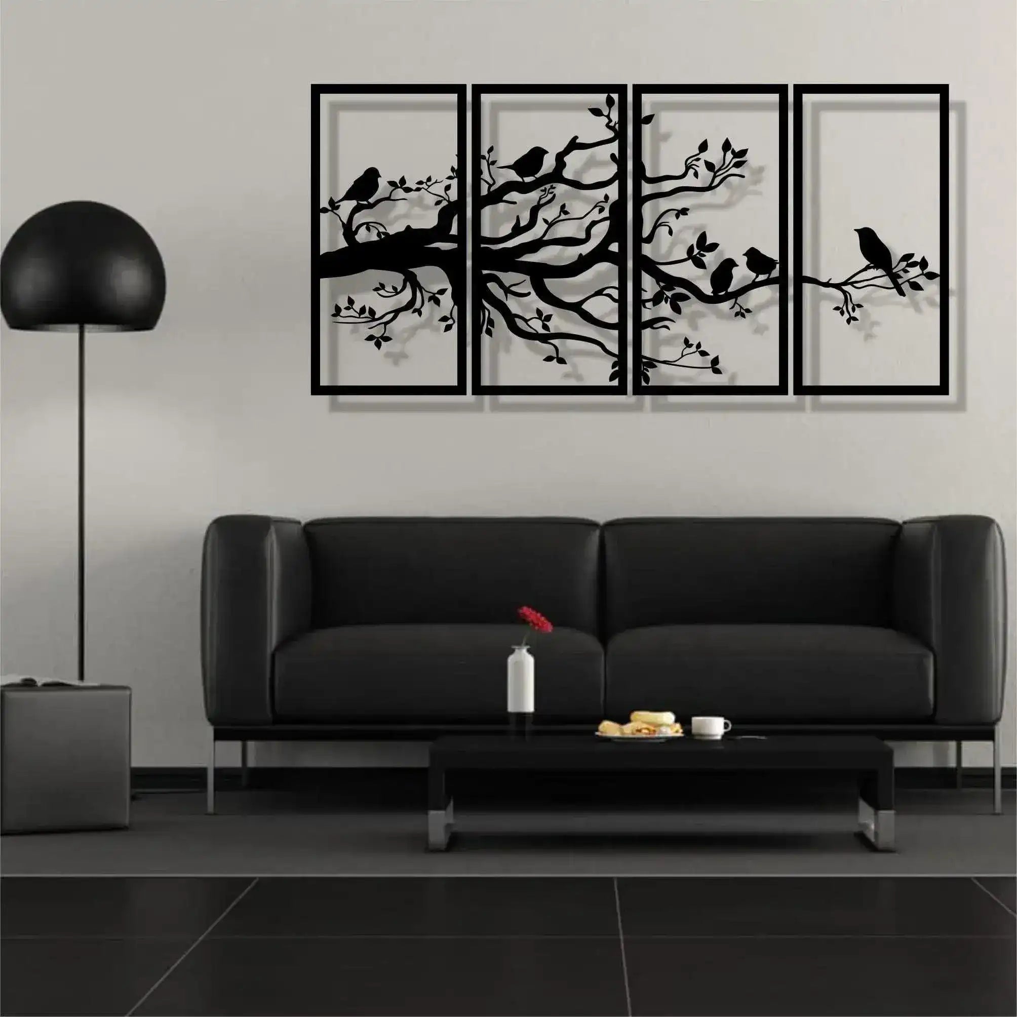 Birds on Branch Wall Art Metal Wall Hanging Decor - 4 panel