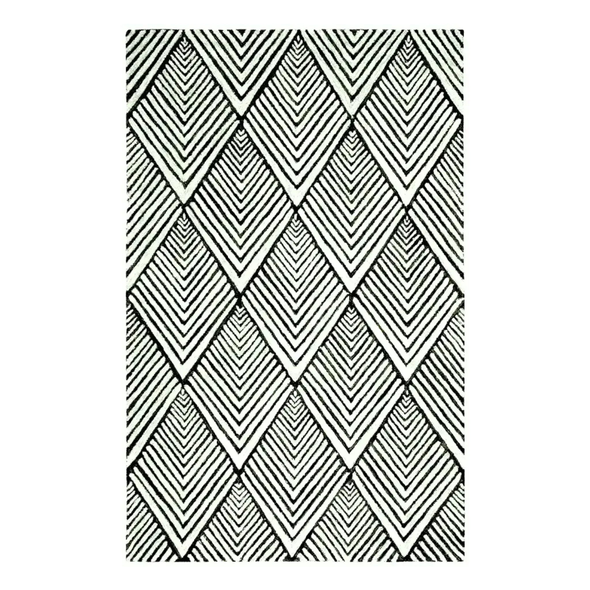 Black and Cream Art Deco Geometric Hand Tufted Wool Rug