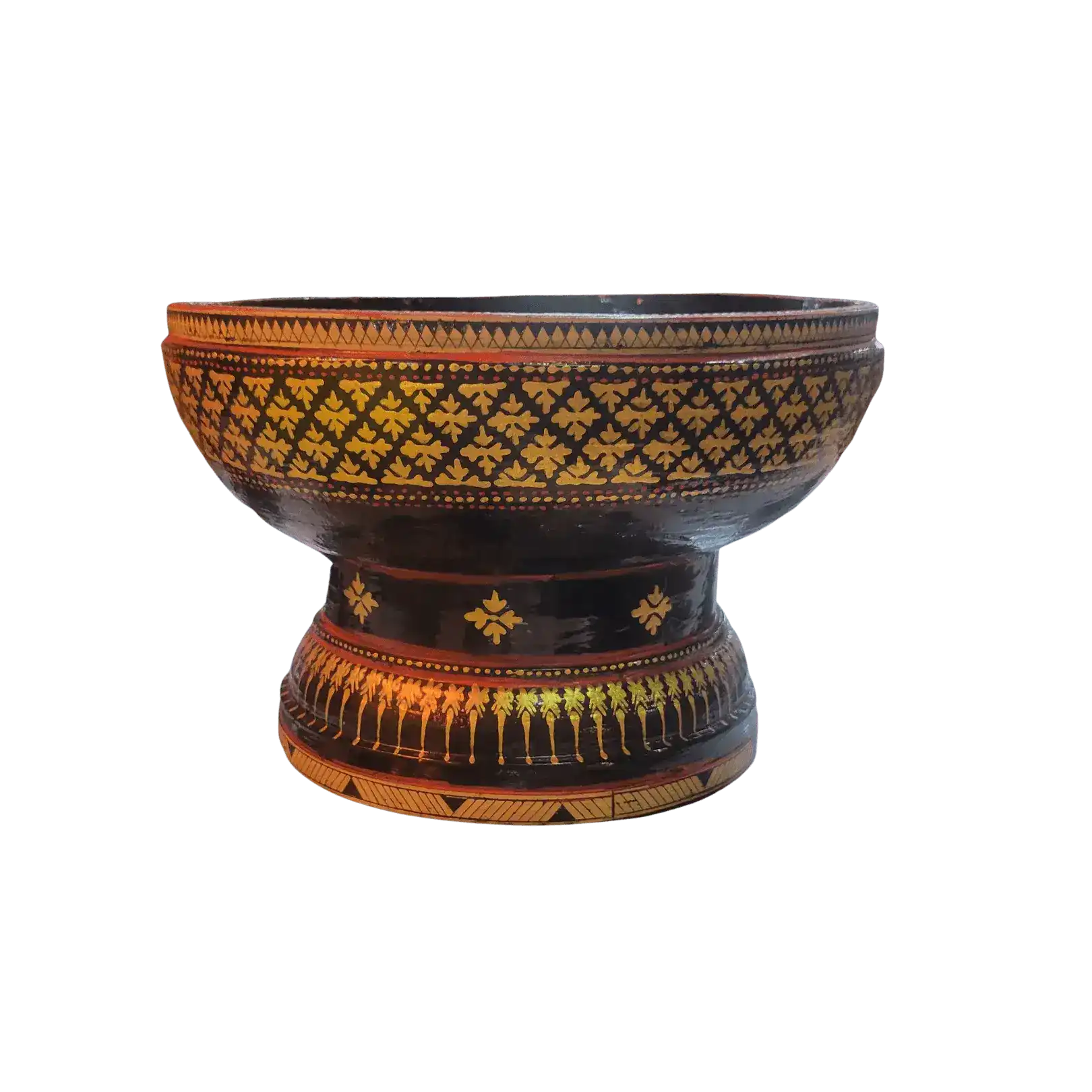 Black and Gold Hand Painted Wooden Bowl with Pedestal