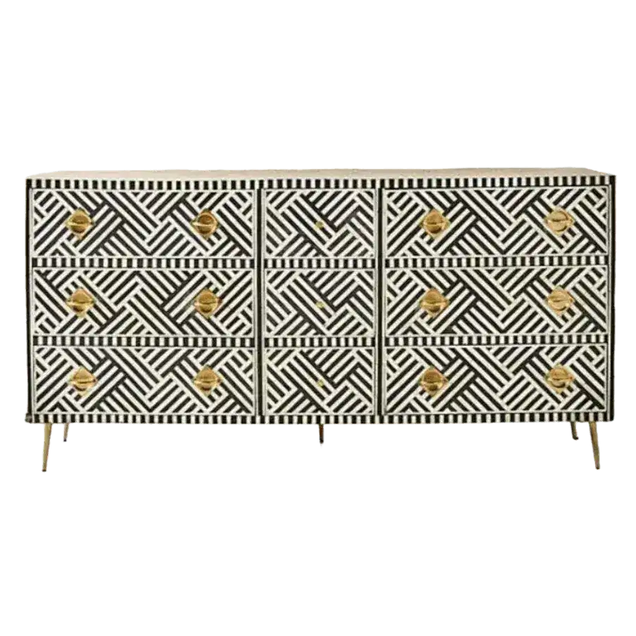 Black and White Chevron Bone Inlay 9 Drawer Sideboard