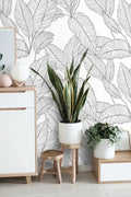 Black and White Minimalist Linear Leaves Wallpaper
