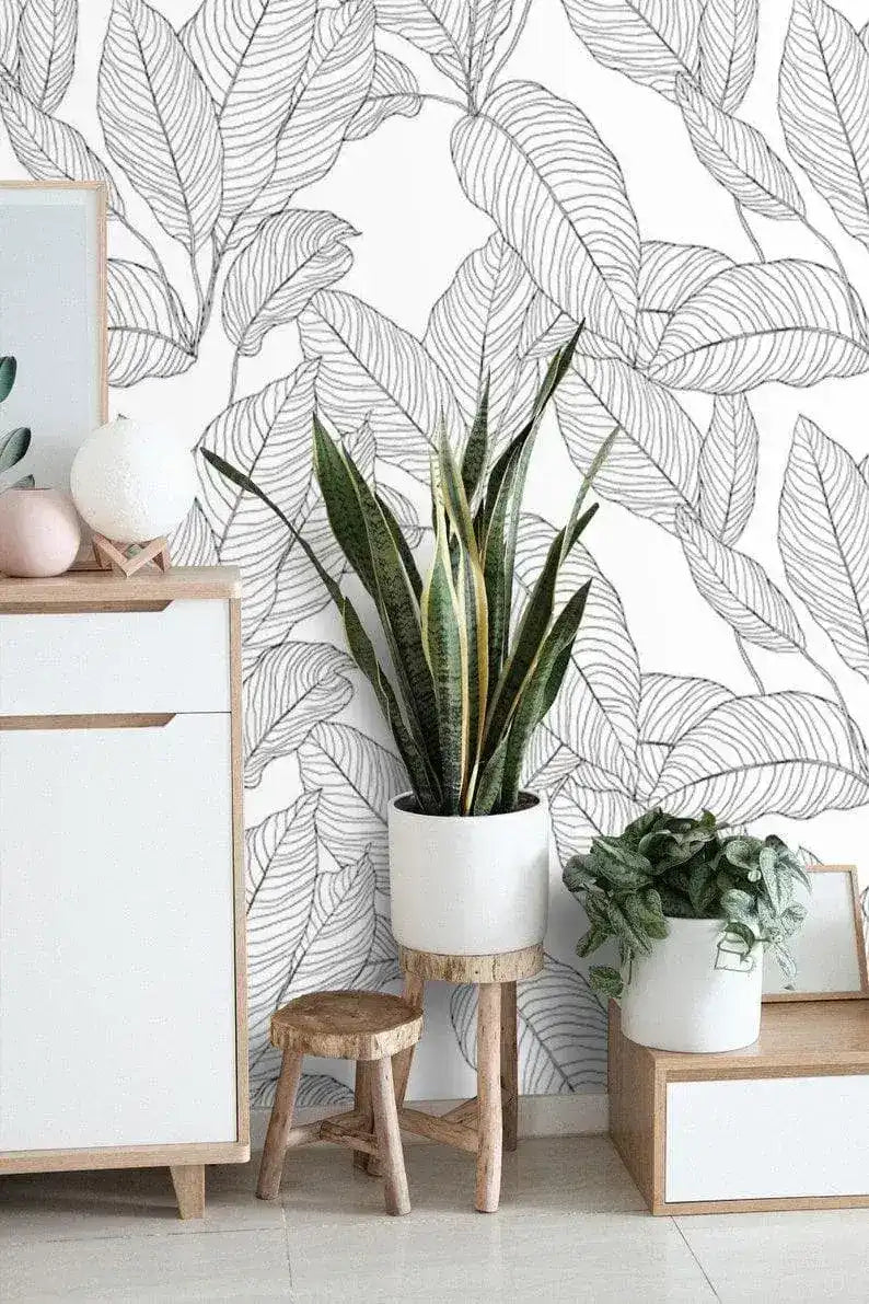 Black and White Minimalist Linear Leaves Wallpaper