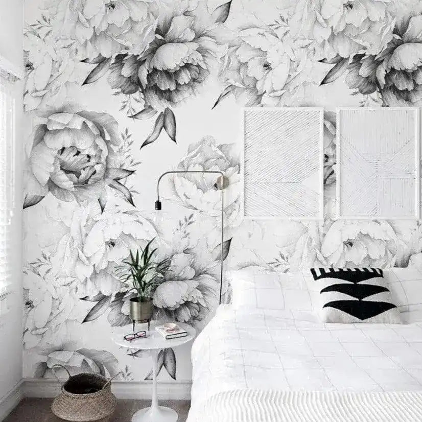Black and White Peonies Watercolor Large Flowers Wall Mural