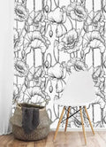 Delicate Black and White Poppy Floral Wallpaper