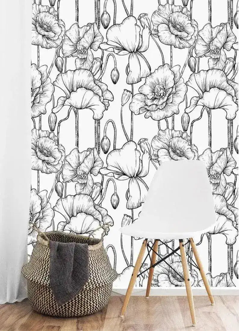 Delicate Black and White Poppy Floral Wallpaper