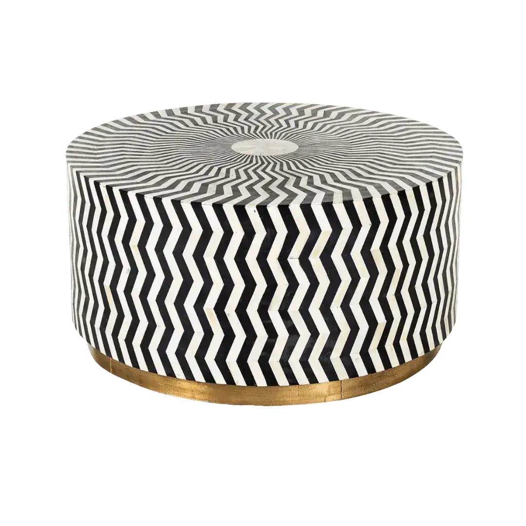Black and White Zic Zac Bone Inlay Round Coffee Table
