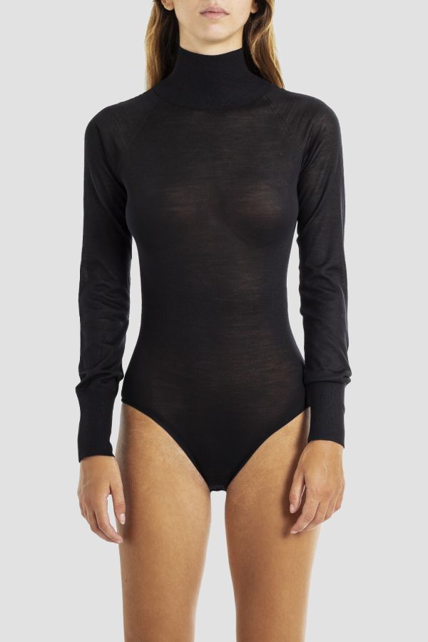 Maison AlaïA Sheer Mesh Turtleneck Bodysuit — Black