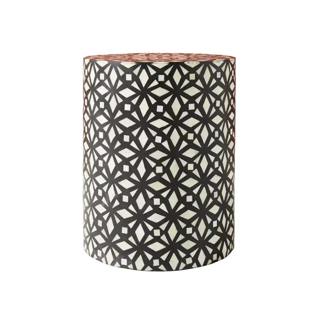Black Geometric Bone Inlay Drum Side Table