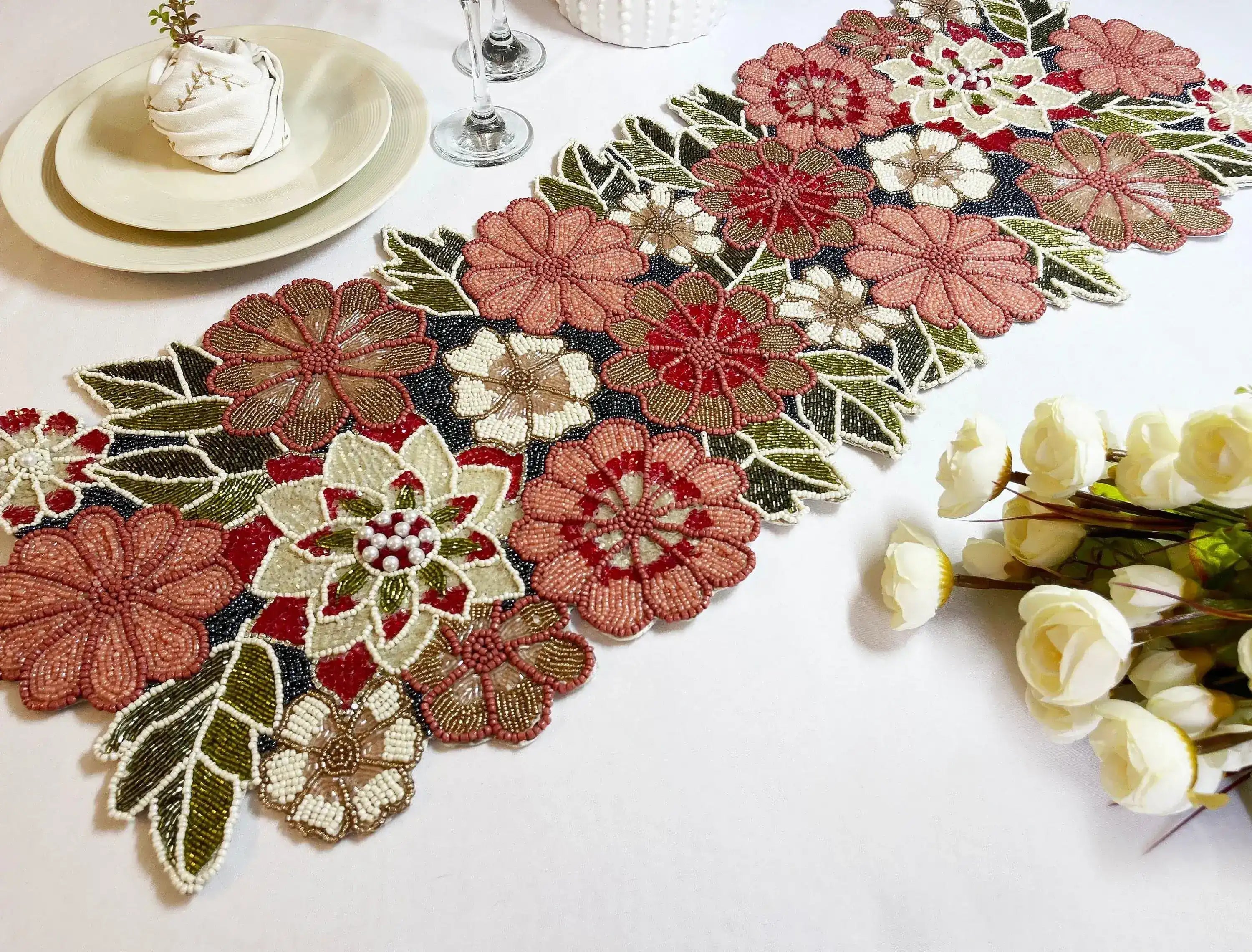 Blossoming Floral Garden Beaded Table Runner