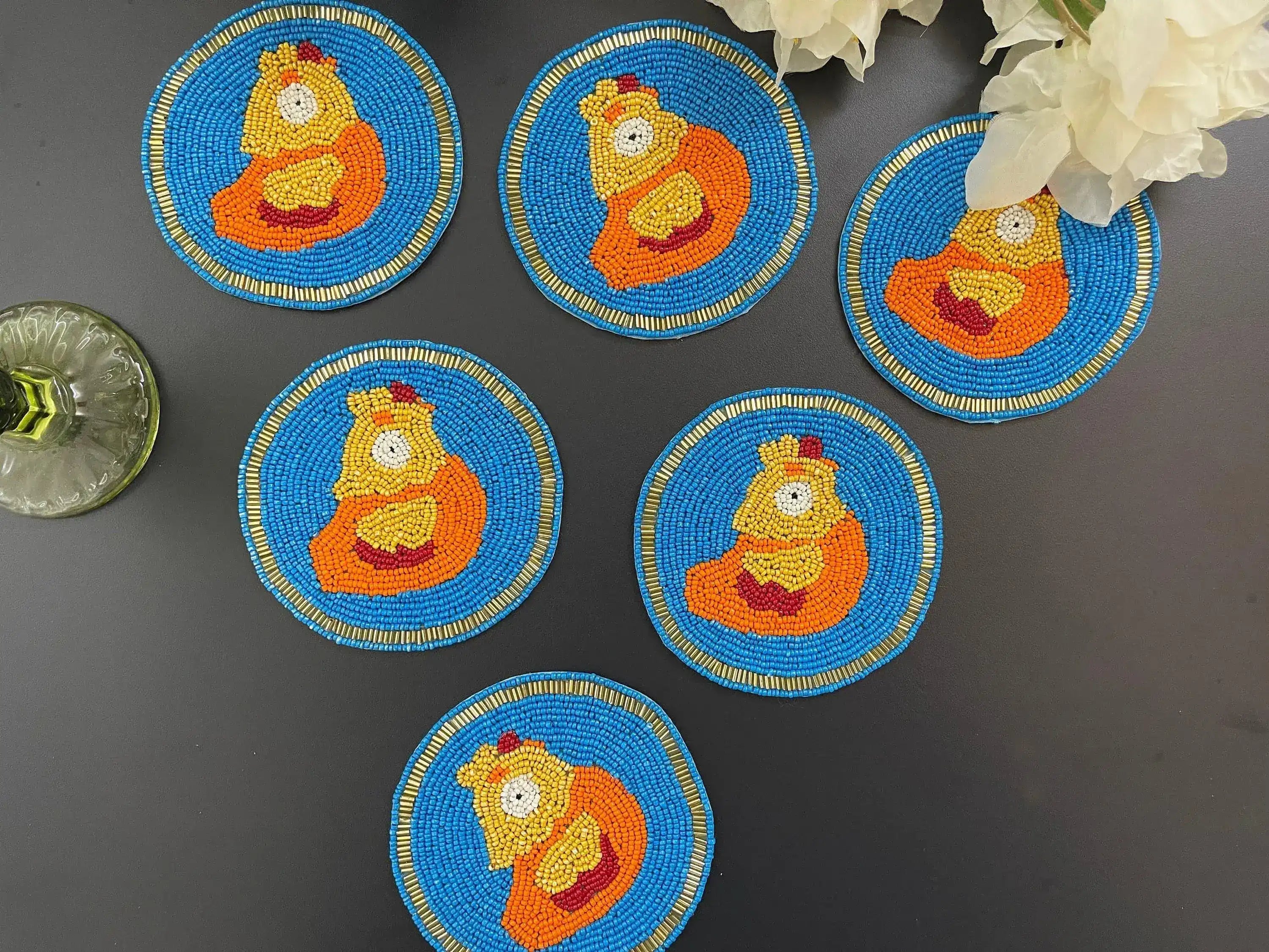 Blue and Orange Hen Round Beaded Coasters