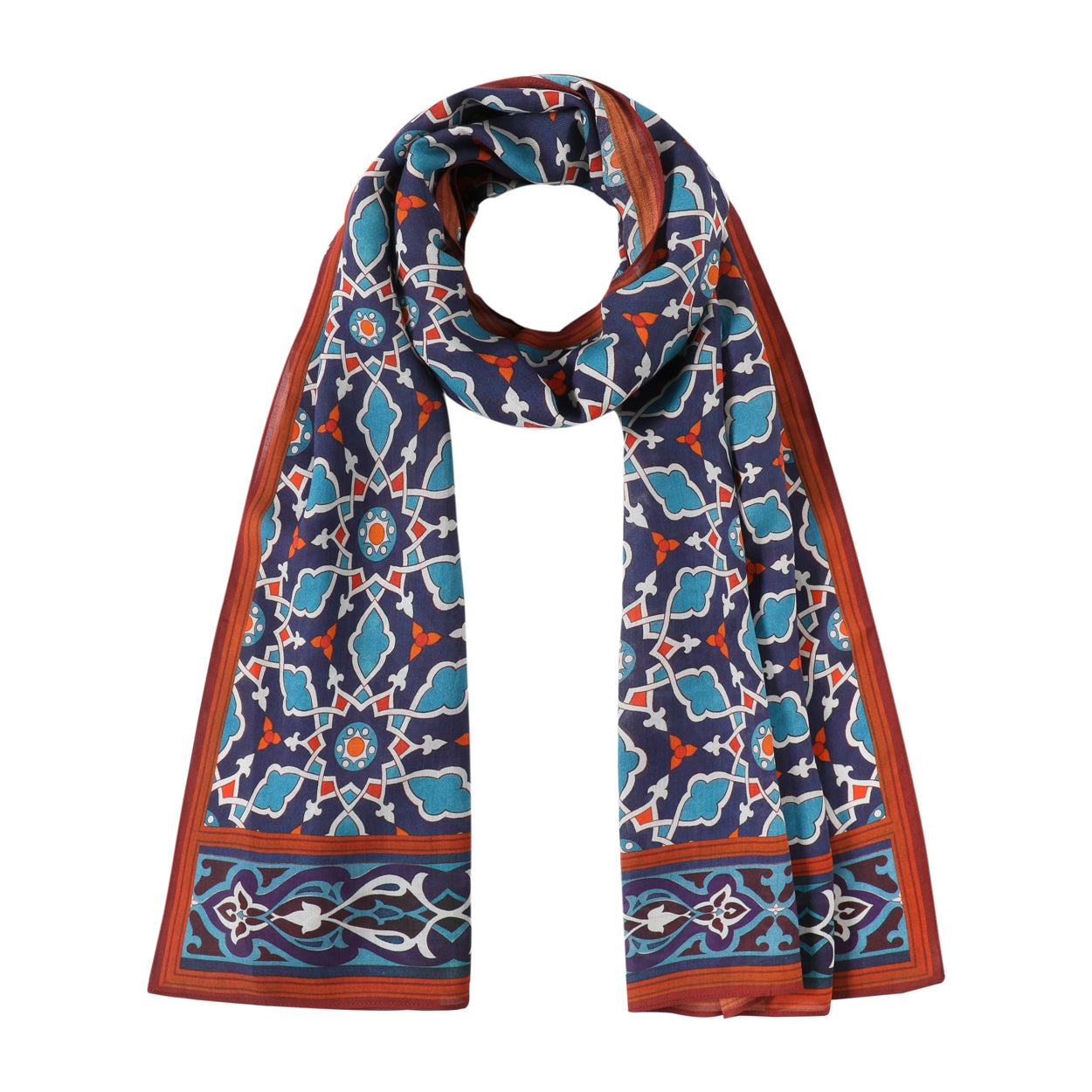 Elegant Islamic Art-Inspired Scarf – Navy Blue and Red Geometric Design - Farabi