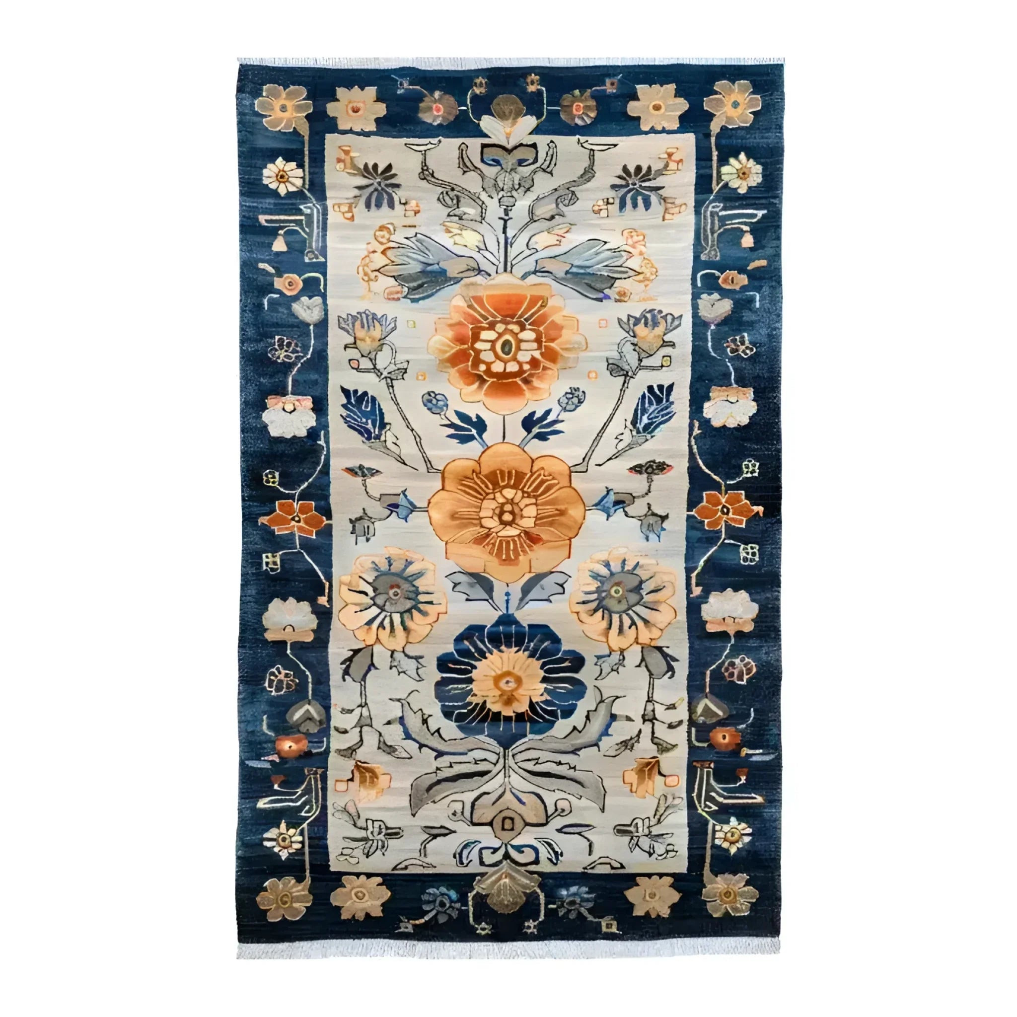 Blue Blossom Edge Medium Hand Knotted Wool Rug