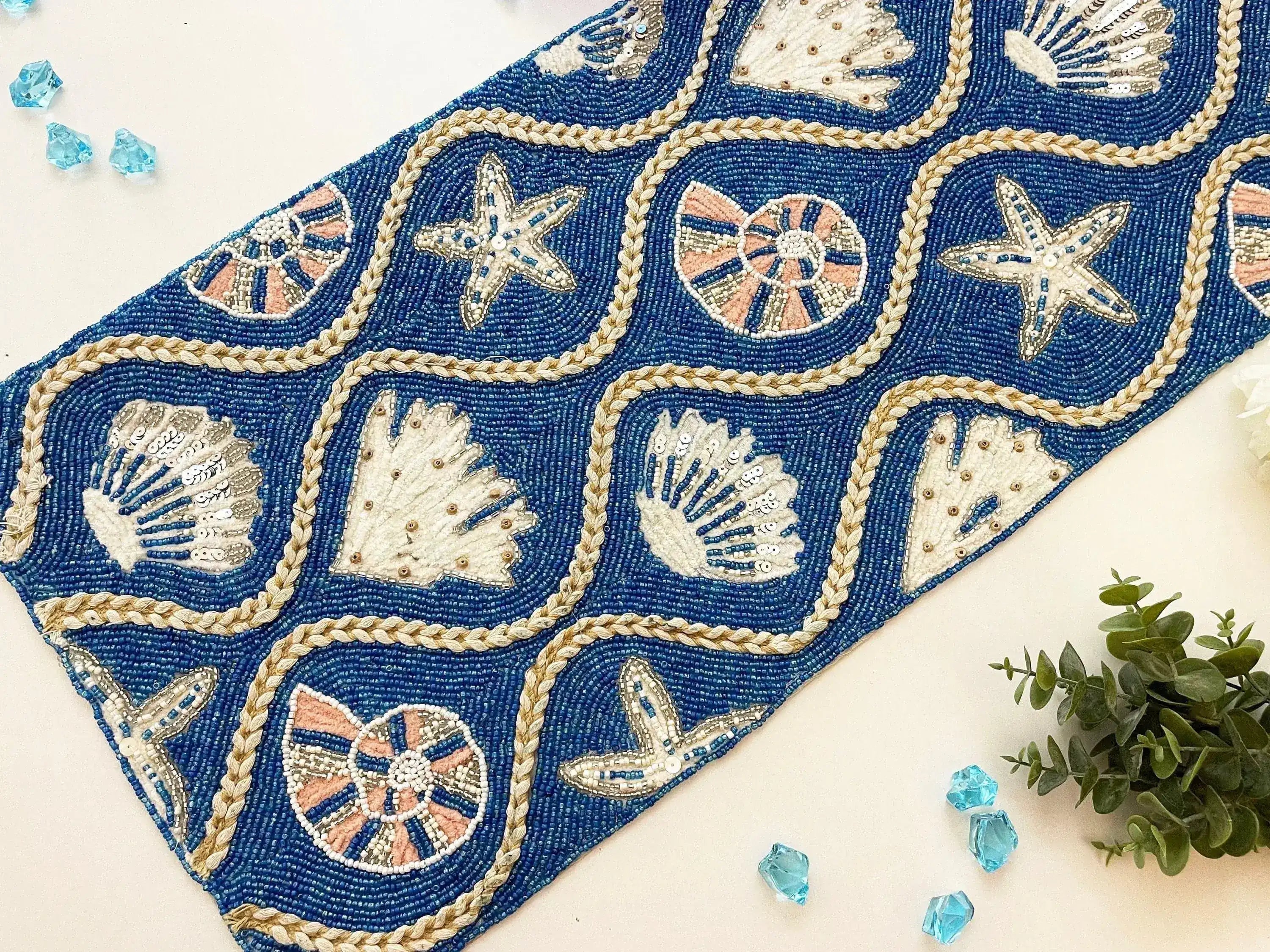 Blue Cream Seashell Bead and Embroidery Table Runner