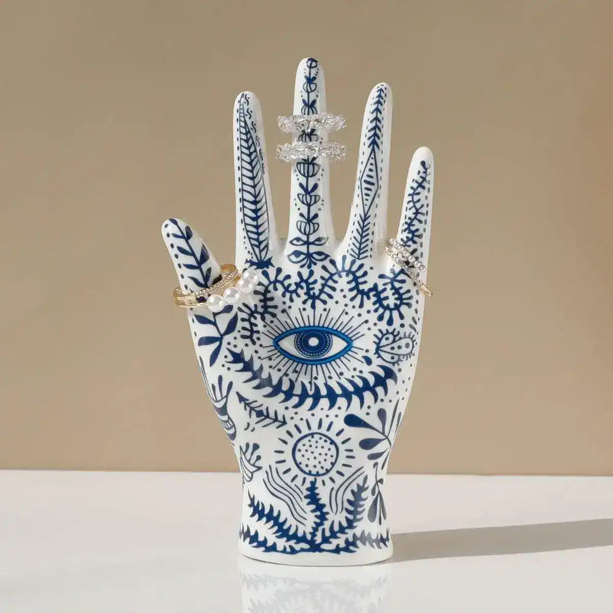 Blue Floral Evil Eye Porcelain Jewelry Holder Stand