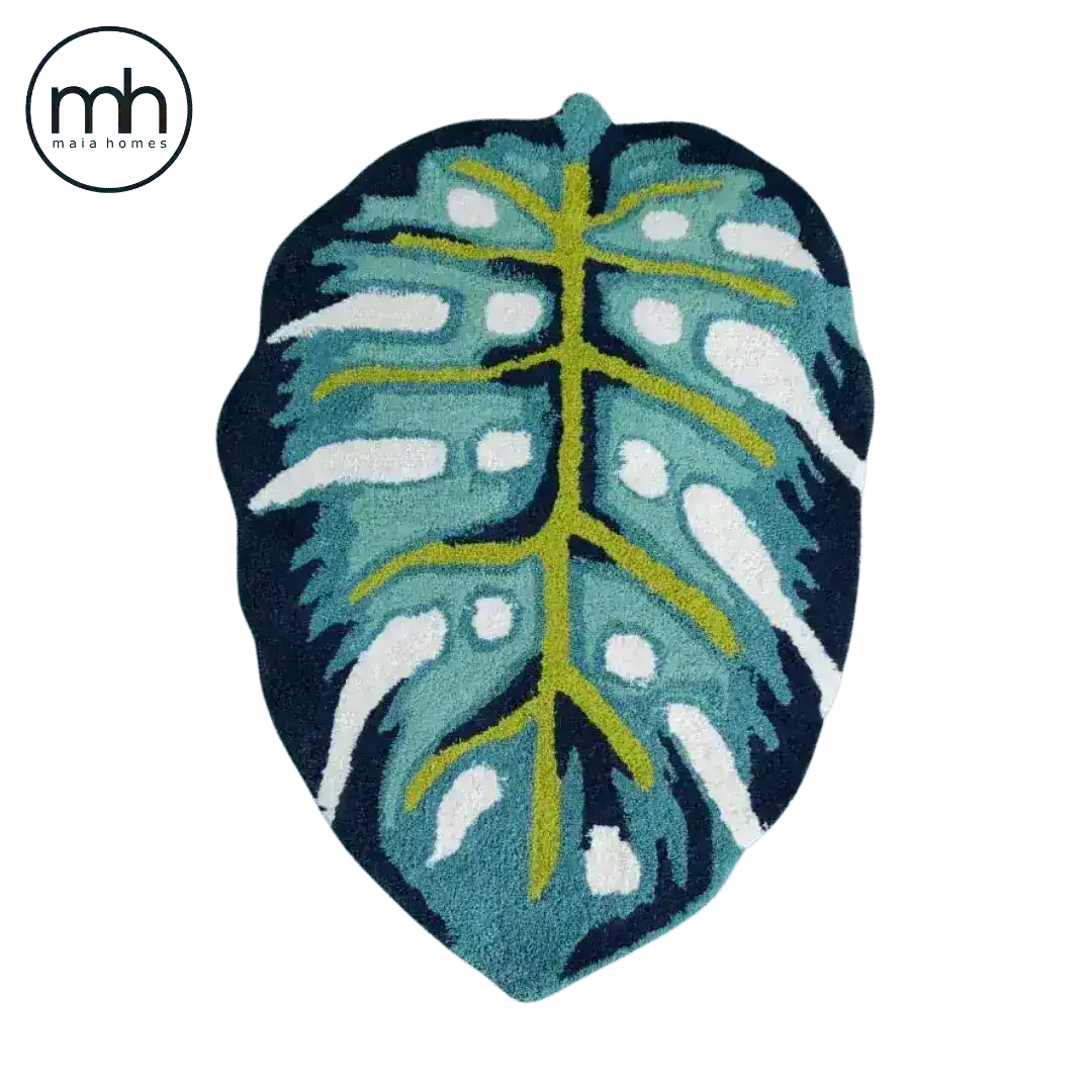 Blue Monstera Leaf Shaped Accent Hand Tufted Wool Rug
