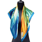 Blue and Orange Silk Scarf Square with Fluid Art Print