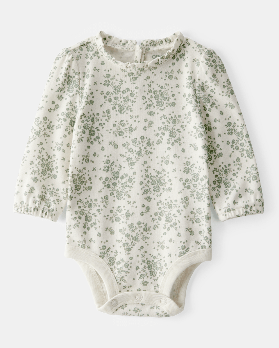 Body acanalado de manga larga floral con cuello de volantes