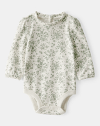 Body acanalado de manga larga floral con cuello de volantes