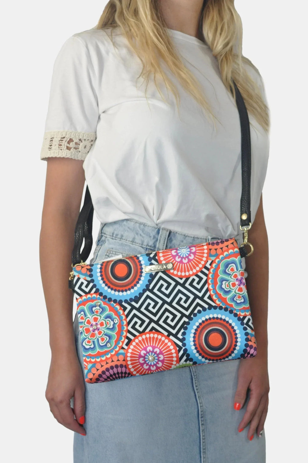 Bolso de Mano y Bandolera Pequeño Clutch Círculos Negro Geométrico | CHULA Tulum