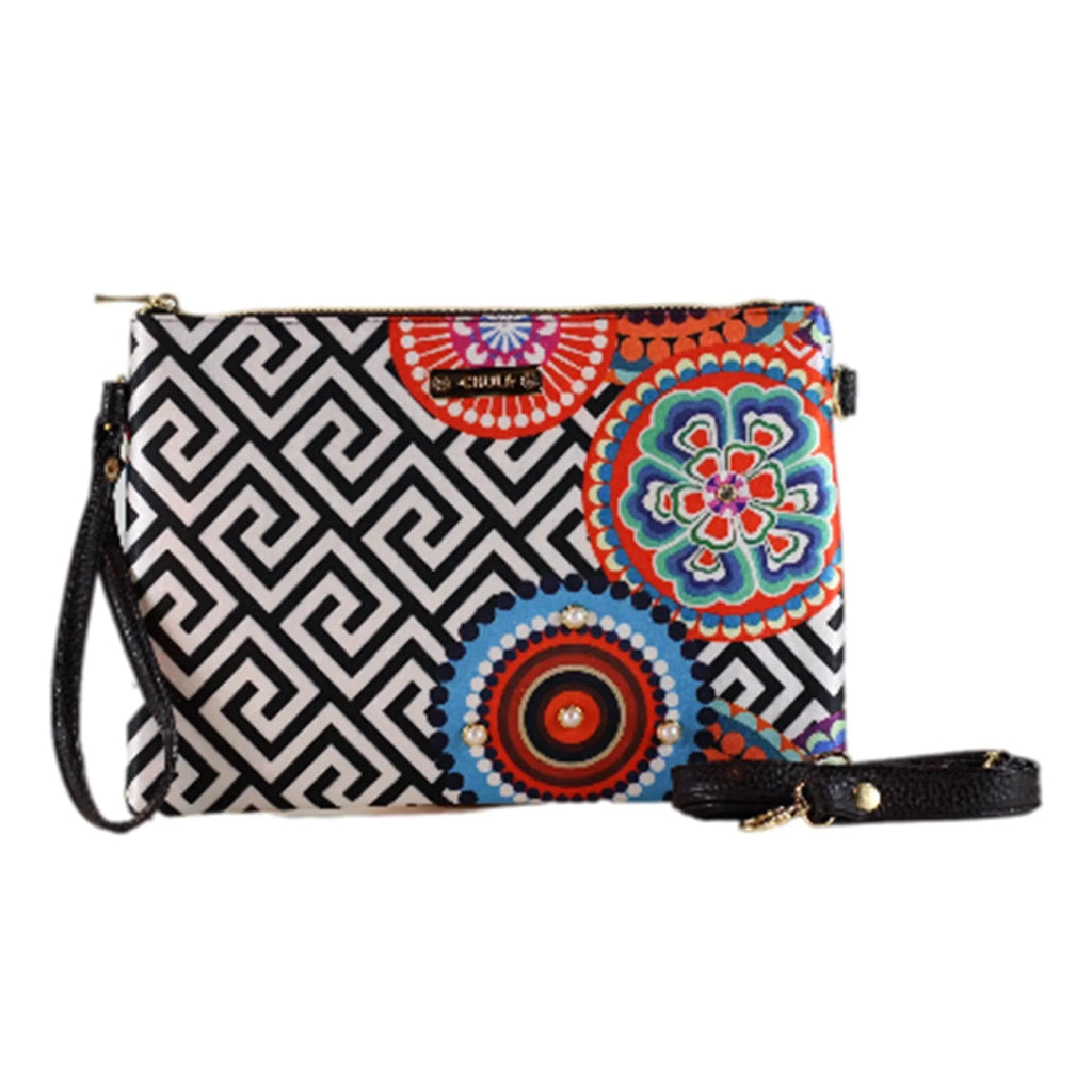 Bolso de Mano y Bandolera Pequeño Clutch Círculos Negro Geométrico | CHULA Tulum