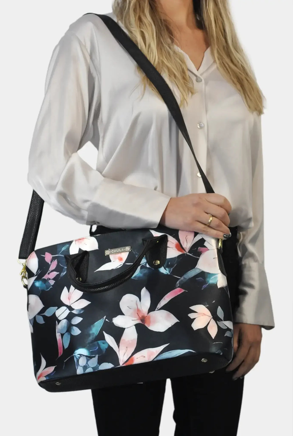Bolso de mano y bandolera grande Lucia Flor Negro Beige | CHULA Tulum
