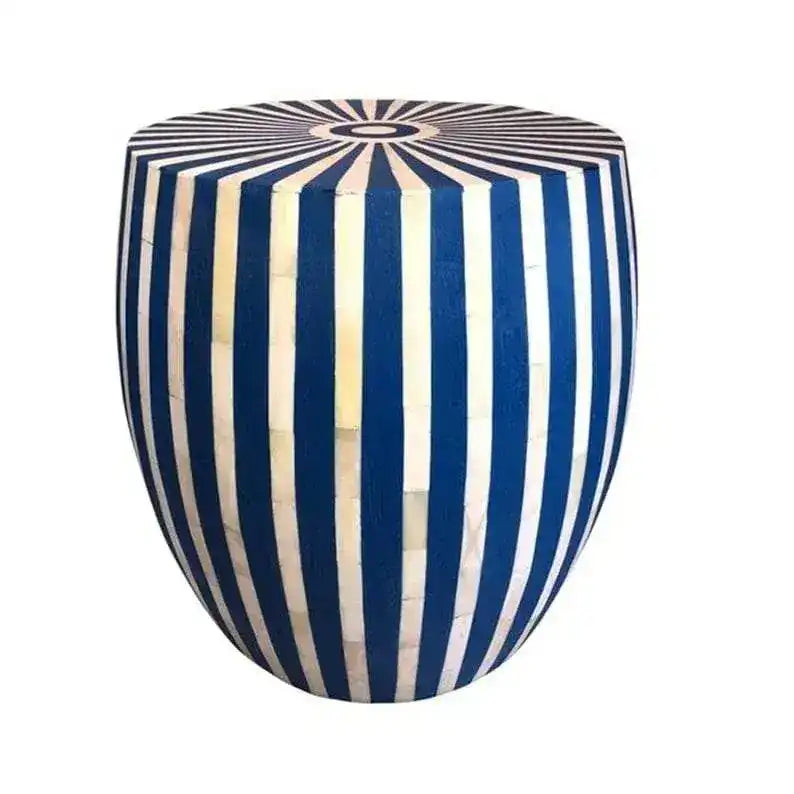 Bone Inlay Blue and White Modern Striped Round End Table