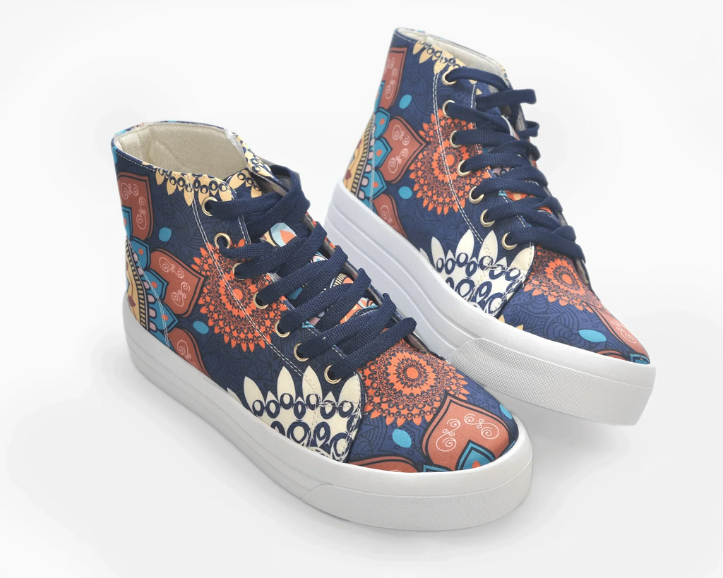 Botas Urbanas Altas de Mujer Flores Mandala azul - Moda Sostenible | CHULA Tulum