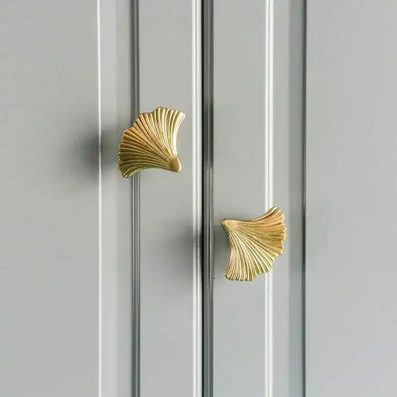 Brass Ginkgo Leaf Shaped Door Knobs - Set of 2
