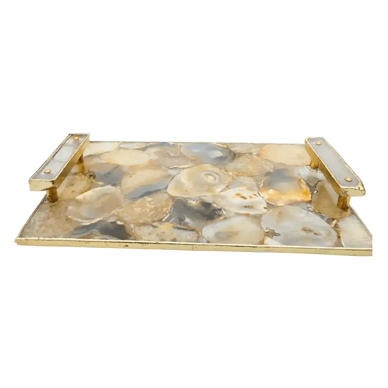 Brown Plated Agate Serving Tray With Clear Quartz Handles
