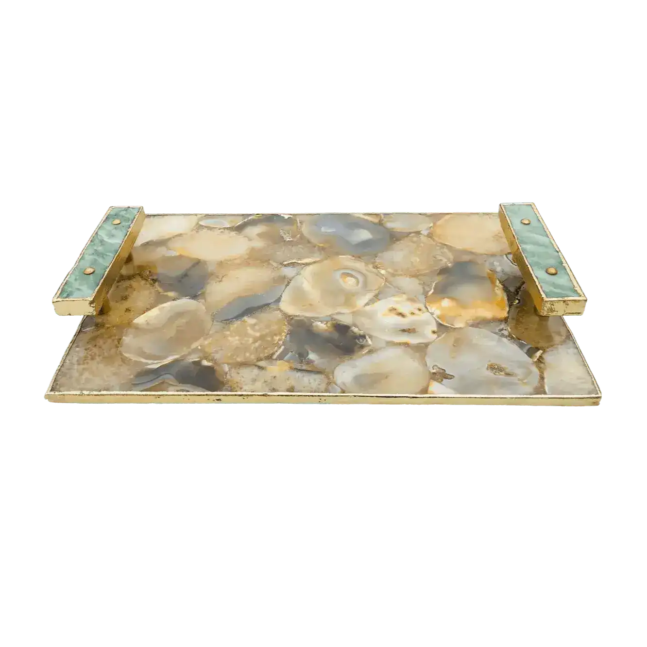 Brown Plated Agate Serving Tray With Green Agate Handles