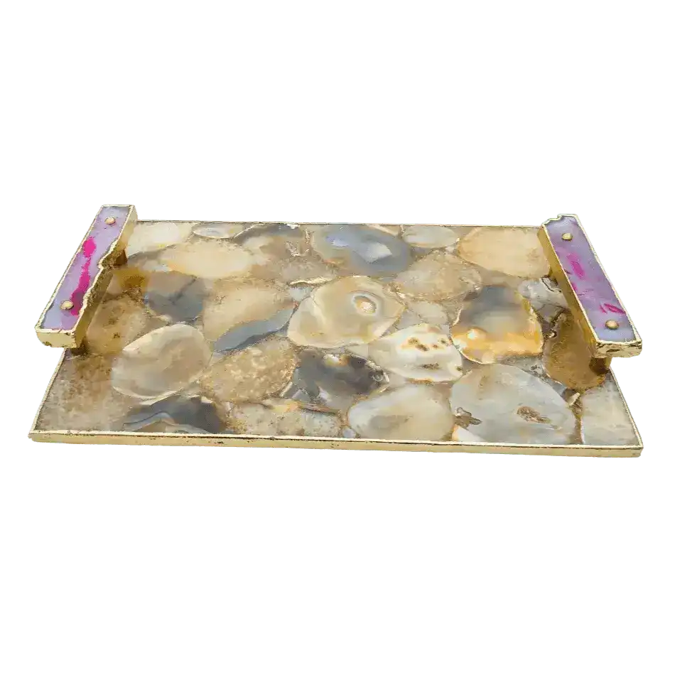 Brown Plated Agate Serving Tray With Pink Onyx Agate Handles