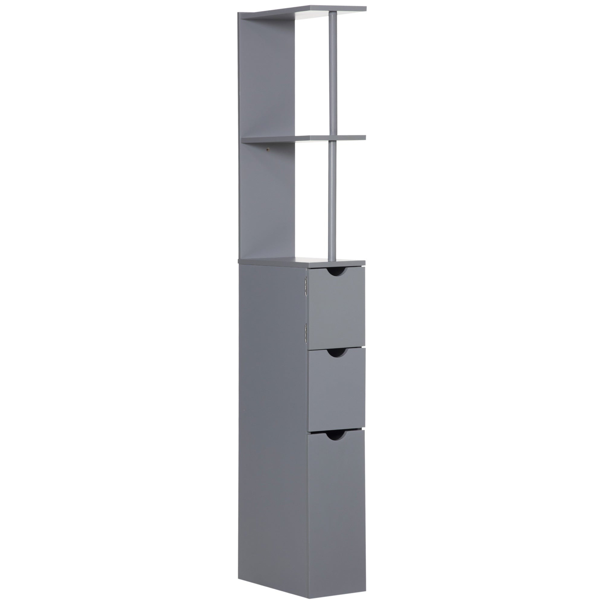 Tall Bathroom Cabinet, Narrow Cupboard Storage Unit with 2-Tier Shelf and Drawers, Grey