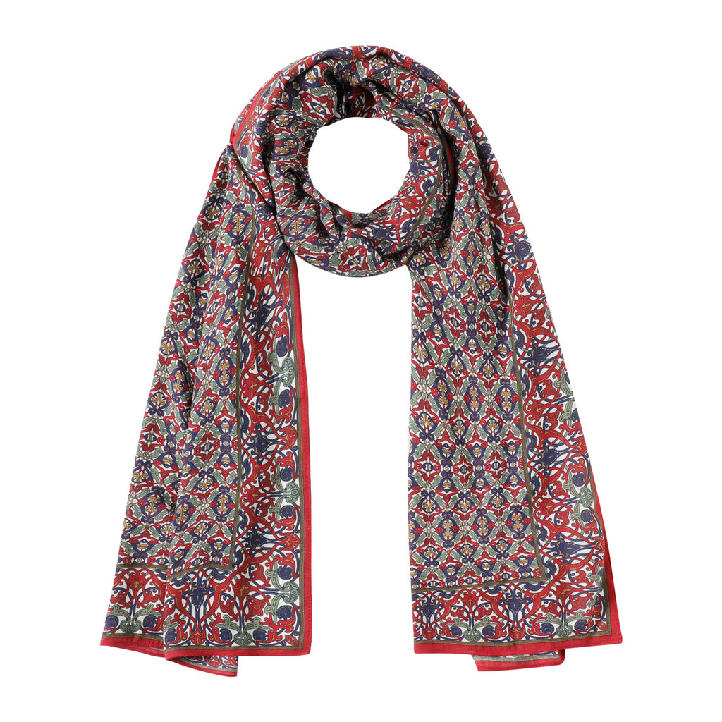 Burgundy and Blue Neck Scarf with Arabesque Motifs