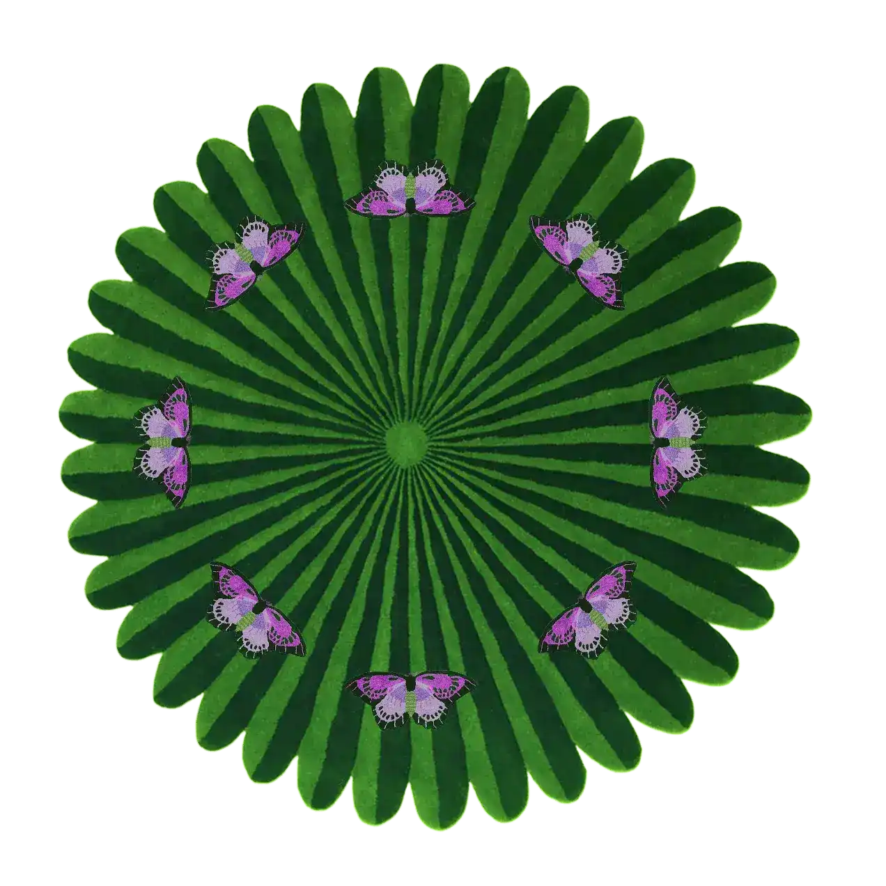 Butterflies over Flower Green Round Hand Tufted Wool Rug