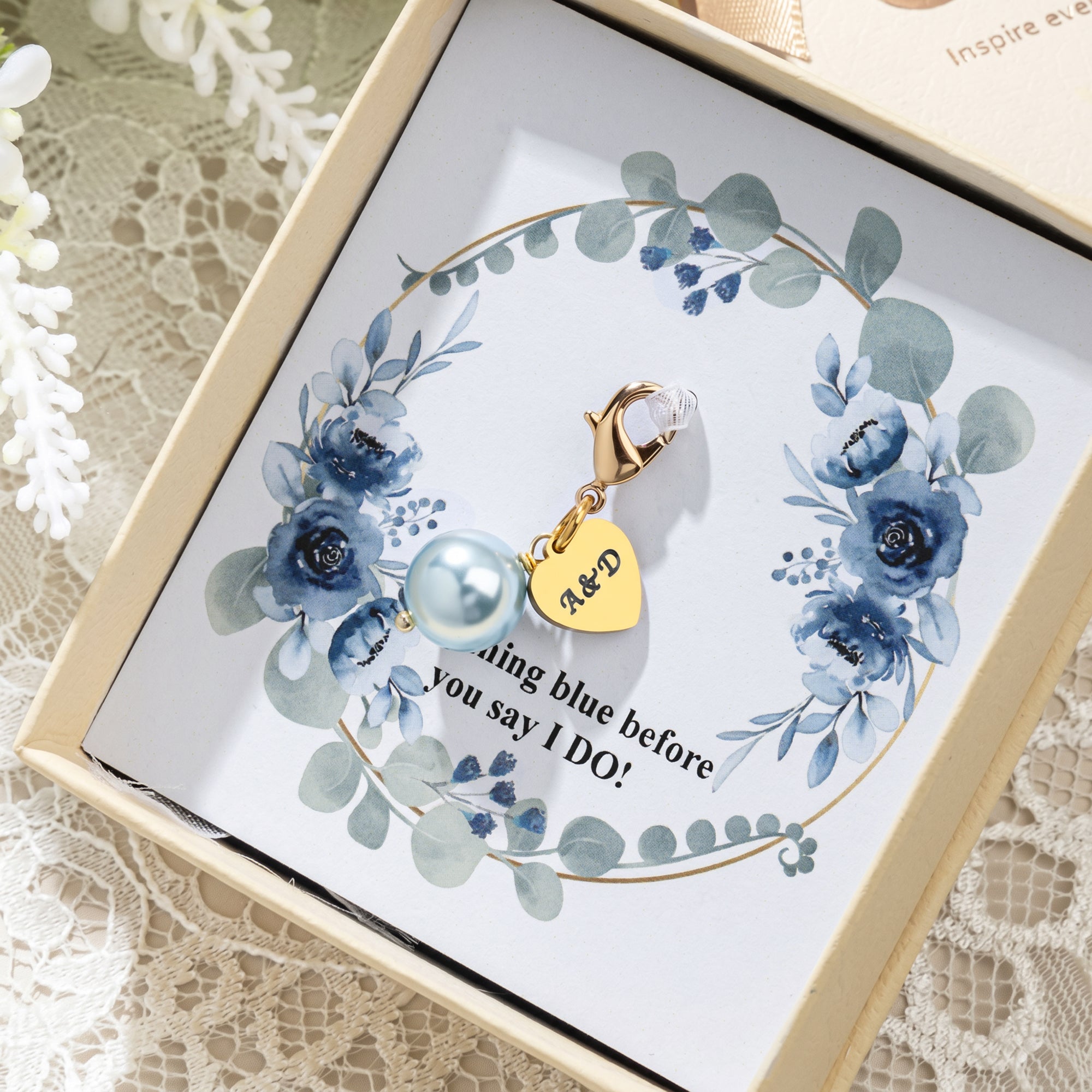 Personalizado Azul Perla Corazón Encanto Ramo Clip con Texto y Floral Tarjeta Algo Azul Boda Compromiso Regalo para Novia Dama de honor