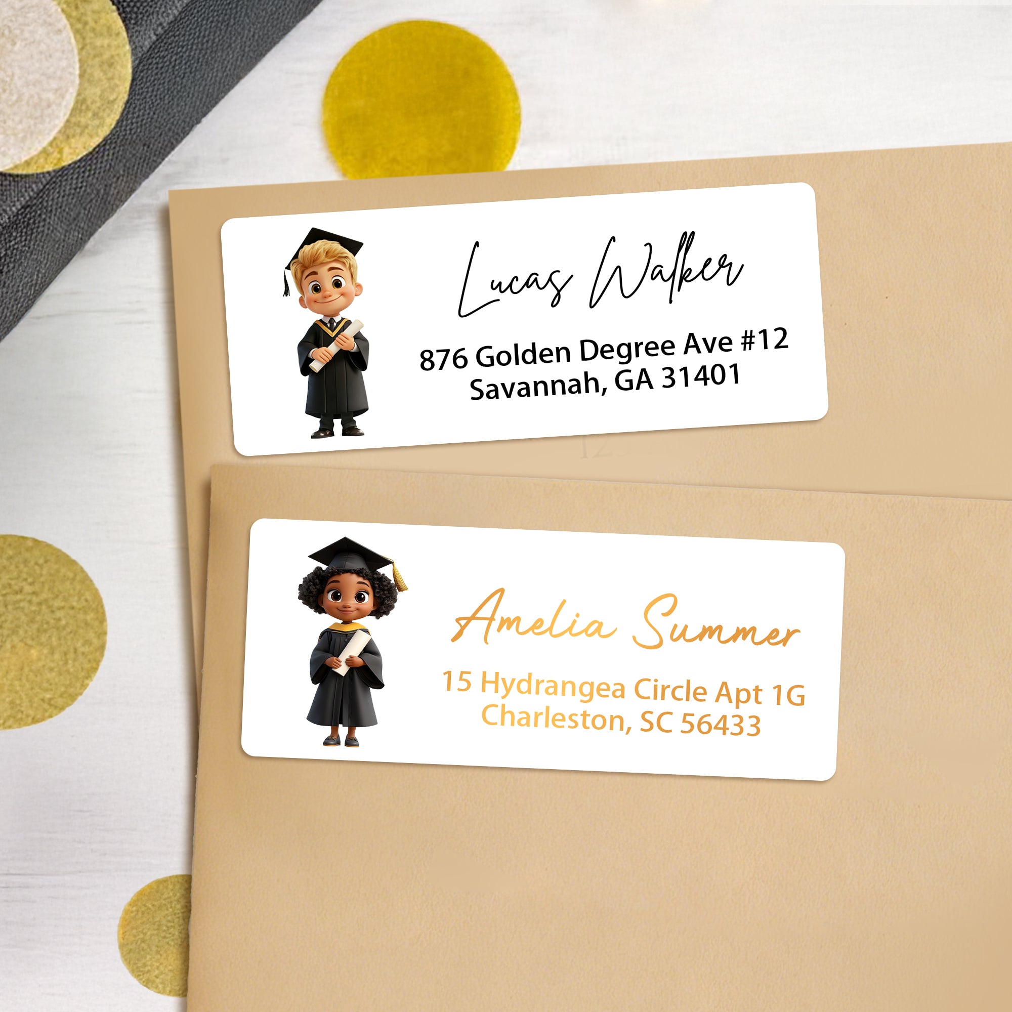 Personalizada de dibujos animados de Graduados a prueba de agua Etiquetas Adhesivas con Nombre y Dirección DIY Tarjeta de Regalo Decoración Graduación Celebración Fiesta Favor para Graduados