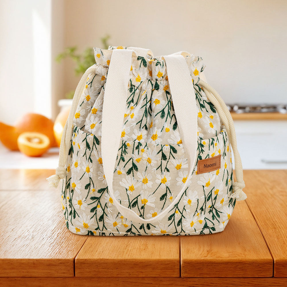 Bolsa de almuerzo con cordón bordada con margarita personalizada con nombre grabado y bolsillos Cumpleaños Vuelta al cole Regalo de picnic para mujeres Niños