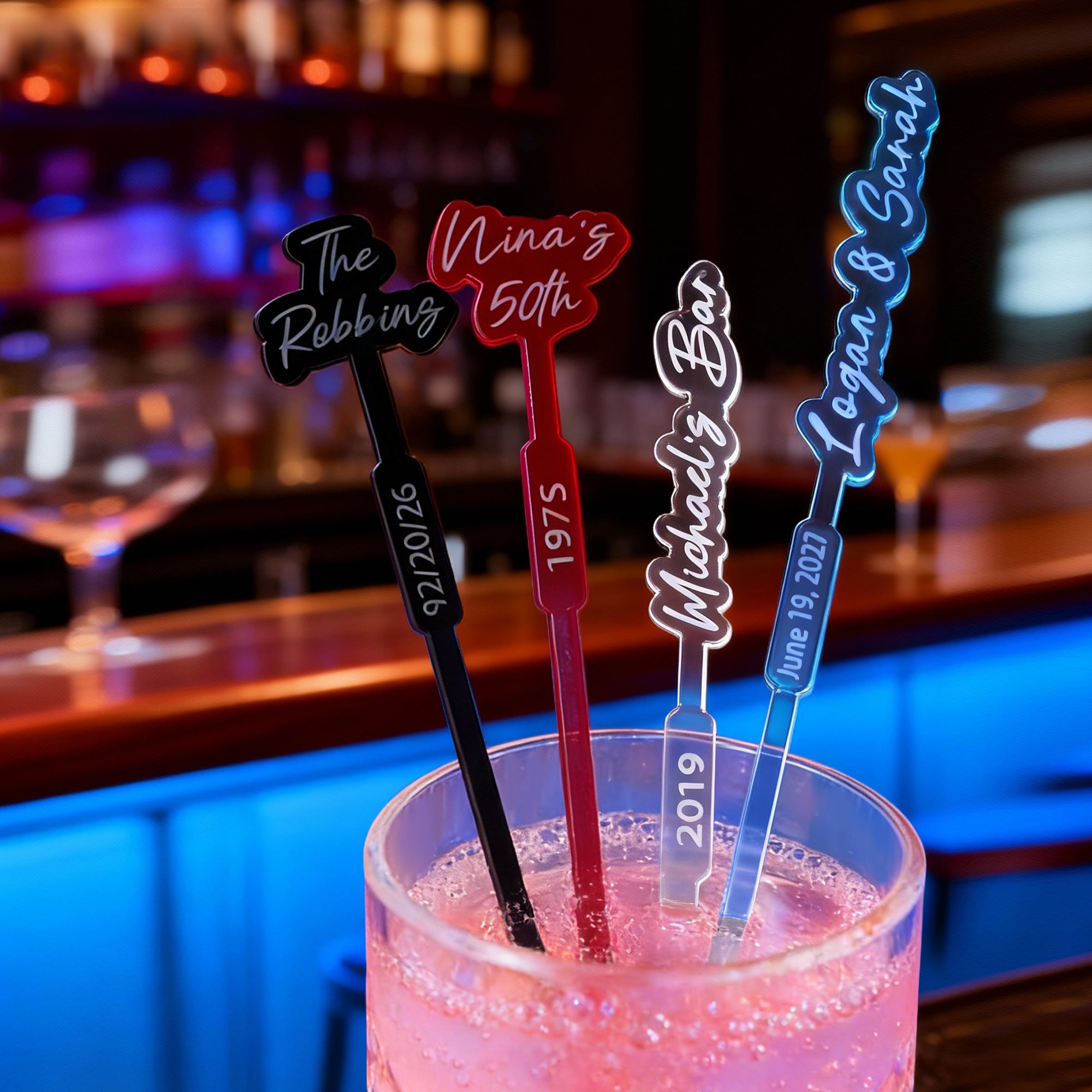 Set de 10 agitadores de acrílico personalizados multicolor con texto Decoración de bar Regalo de boda Cumpleaños Fiesta de cóctel para camareros Recién casados