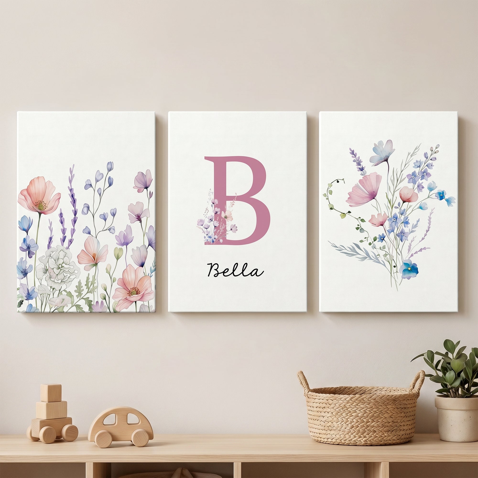 Flor de acuarela personalizada Lienzo partido de 3 piezas con nombre e inicial Regalo de cumpleaños para padres primerizos