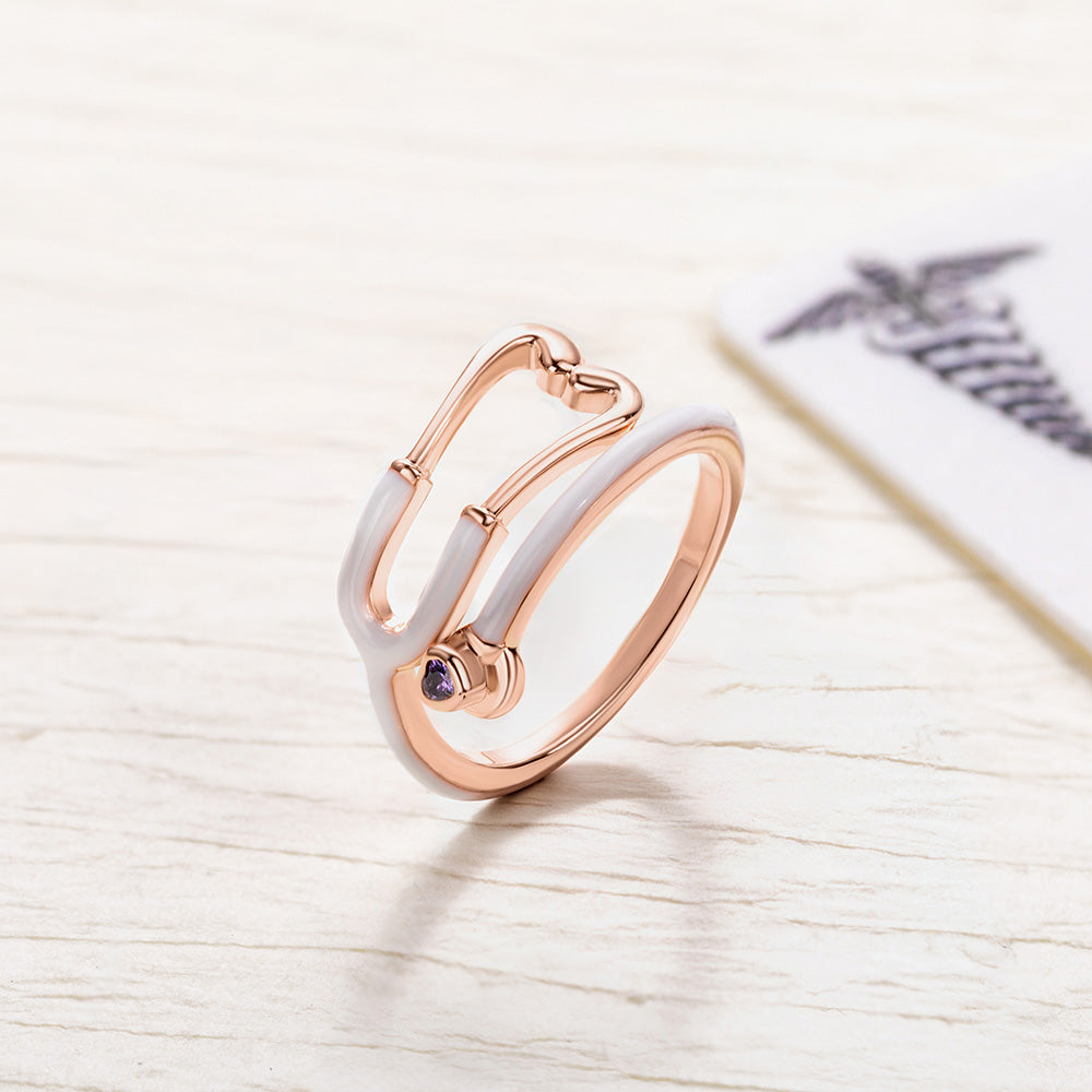 Personalizada Multicolor Esmalte Estetoscopio Corazón Birthstone Anillo Semana de la Enfermería Apreciación Regalo para Enfermera Médico Personal