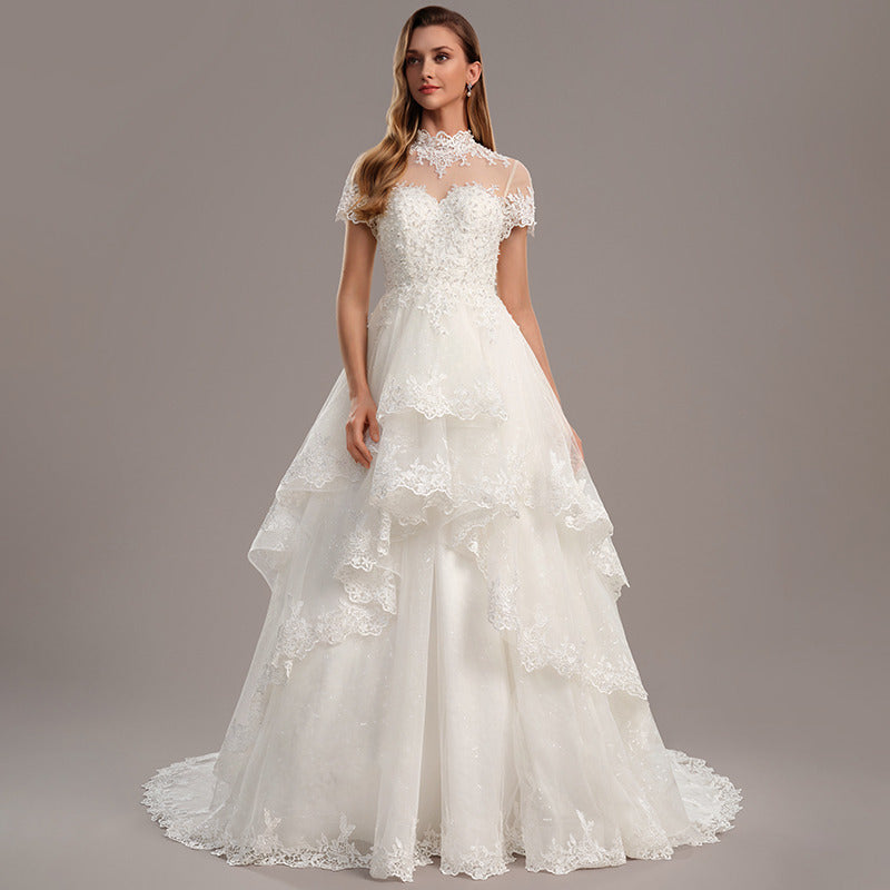 Bridal Wedding Dress Ivory Short Sleeve Long High Neck Ball-Gown Princess